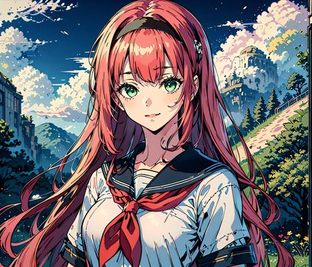 ((masterpiece,best quality)), (1 girl), <lora:HatsuCounterfeit:0.8>, (solo:1.2), very long hair, fantasy landscape, cloud, happy, black hairband, green eyes, serafuku, white shirt, blue_sailor_collar, red_neckerchief, kitauji_high_school_uniform