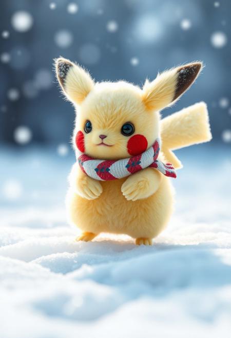 "A baby Pikachu, its fluffy  fur a soft, downy texture, frolicked and played in the snowy landscape, its tiny, red cheeks and button nose a picture of adorable joy. The Pikachu's body, a tiny, frosty dynamo, seemed to radiate a cold, wintry air, as if it were a living, breathing embodiment of the snow itself. A tiny, pokeball-themed scarf, a miniature, spherical shape with a red and white pattern, wrapped around the Pikachu's neck, adding a touch of warmth and personality to its icy, blue form. The Pikachu's paws, delicate and frosty, left tiny, snowy prints in the ground as it played, its little tail wagging with excitement. The snow around the Pikachu seemed to sparkle and shine, as if it were infused with a magical, icy energy, and the Pikachu's very presence seemed to bring joy and wonder to the winter landscape. The overall effect was one of heartwarming, adorable cuteness, as if the baby Pikachu was a tiny, icy bundle of snow-covered joy, radiating warmth and personality despite the chilly climate."