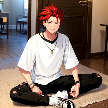 <lora:KuroKiryu-07:0.7>,kurokiryu, shirt, jewelry, sitting, white shirt, teeth, pants, necklace, bracelet, streaked hair, torn clothes, black pants, clenched teeth, t-shirt, watch, door, wristwatch, torn pants, grin, smile