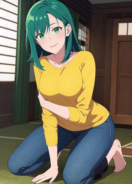 best quality, 1girl, kneeling, on knees, solo, light green eyes, dark blue hair, gold shirt, jeans, smile, indoors, fine background, (cel shading), sharp detail, incredibly absurdres, <lora:GoodHands-vanilla:1>, <lora:EufoniuzV1:0.8>