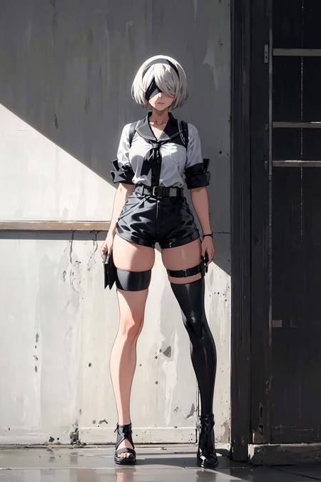 2B, blindfold, covered eyes, black blindfold, 1girl, solo, white shirt, shirt, shorts, shirt tug, classroom, class,  belt, black belt, black shorts, medium breasts, closed mouth, full body, white hair, hairband, mole, black hairband, mole under mouth, masterpiece, eyeless, <lora:2B:1>