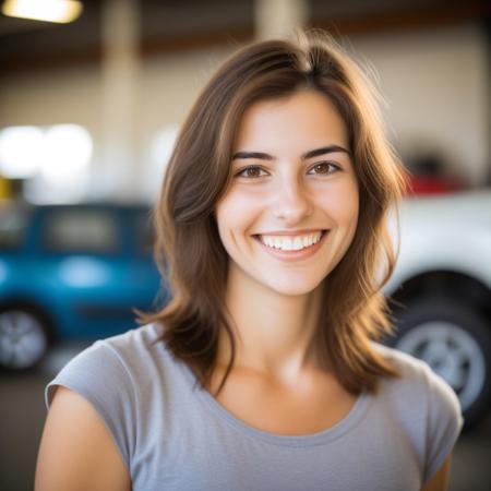 woman, 27yo, mechanic, shoulder-length brown hair, big soft brown eyes, bright smile, blurred background