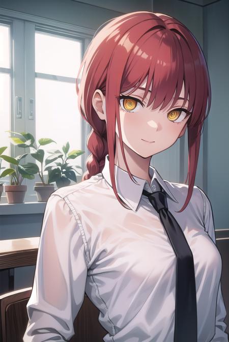 makima, <lora:chainsawmakima:1>,  makima, long hair, smile, bangs, (small breasts:1.2), (yellow eyes:1.2), braid, red hair, braided ponytail, ringed eyes, BREAK  shirt, long sleeves,  white shirt, necktie, collared shirt, pants, black pants, formal, suit, black necktie, shirt tucked in, office lady, BREAK indoors, office, BREAK looking at viewer, BREAK <lora:GoodHands-vanilla:1>, (masterpiece:1.2), best quality, high resolution, unity 8k wallpaper, (illustration:0.8), (beautiful detailed eyes:1.6), extremely detailed face, perfect lighting, extremely detailed CG, (perfect hands, perfect anatomy),