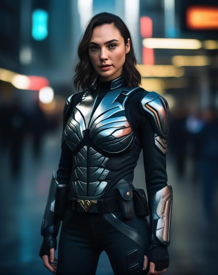 GalGadot,<lora:GalGadotSDXL:1> (8k, RAW photo, best quality, masterpiece:1.2), (realistic, photo-realistic:1.37), ultra highres, depth of field, chromatic aberration, caustics, Broad lighting, natural shading,Fujifilm XT3,ultra detailed,cyberpunk uniform,1girl, solo,standing, looking at viewer, outdoors,street