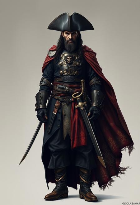 a pirate captain, full shot, handsome, heroic, epic, iron and leather armour, dark clothes, oriental damask ornaments, long cape, in the style of restrained palette, distressed materials, realistic color schemes, hieratic visionary, figura serpentinata, nicola samori, bold yet graceful , pirate boots