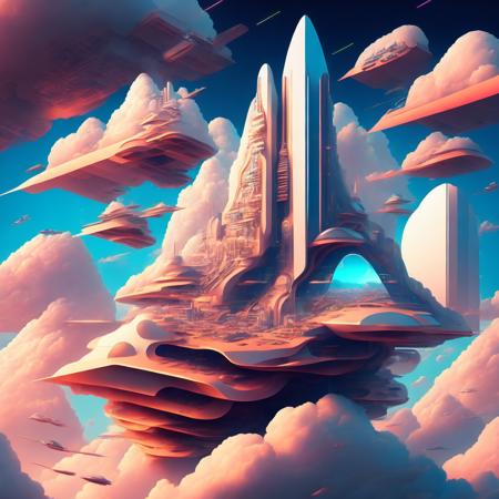 (joviantech style:1) an illustration of a futuristic city surrounded by clouds <lora:djzJovianTechV21_LoraBooth:1>