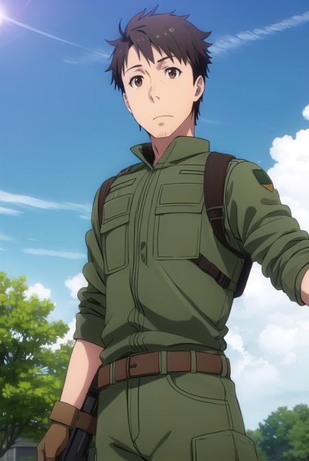 youjiitami, <lora:youji itami s1s2-lora-nochekaiser:1>,
youji itami, brown hair, (brown eyes:1.5), male focus, mature male,
BREAK gloves, uniform, military, military uniform, helmet, headset,
BREAK outdoors, forest, nature, grass, trees, sun, sky, clouds,
BREAK looking at viewer, (cowboy shot:1.5),
BREAK <lyco:GoodHands-beta2:1>, (masterpiece:1.2), best quality, high resolution, unity 8k wallpaper, (illustration:0.8), (beautiful detailed eyes:1.6), extremely detailed face, perfect lighting, extremely detailed CG, (perfect hands, perfect anatomy),