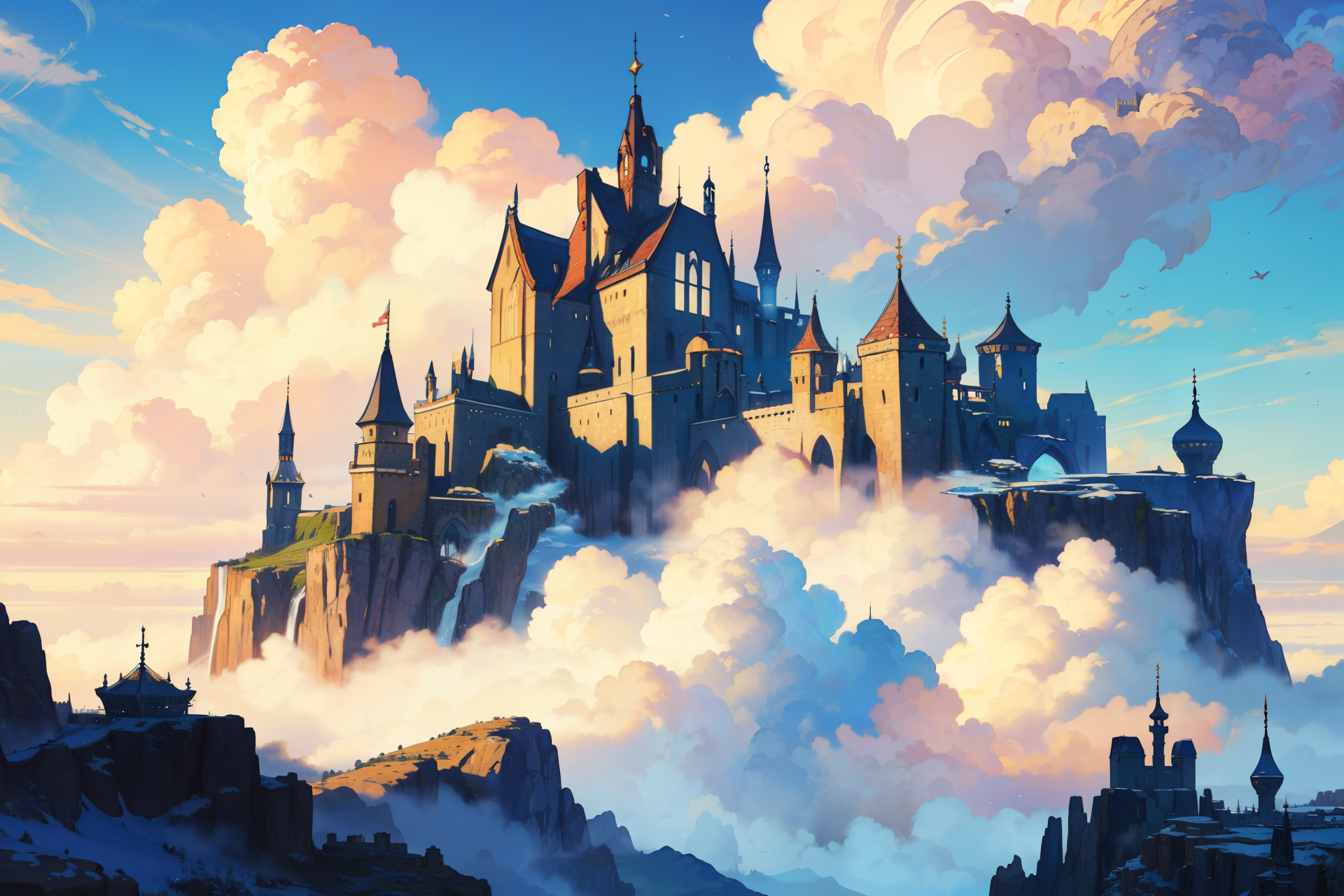 masterpiece, best quality, fantasy landscape, (high fantasy:1.3), kingdom in the clouds