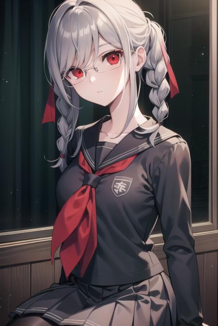 pekopekoyama, <lora:pekopekoyama-lora-nochekaiser:1>,
peko pekoyama, braid, long hair, (red eyes:1.5), twin braids, glasses,
BREAK black pantyhose, black shirt, brown footwear, collarbone, pantyhose, pleated skirt, school uniform, serafuku, shirt, shoes, skirt,
BREAK looking at viewer,
BREAK indoors, classroom,
BREAK <lyco:GoodHands-beta2:1>, (masterpiece:1.2), best quality, high resolution, unity 8k wallpaper, (illustration:0.8), (beautiful detailed eyes:1.6), extremely detailed face, perfect lighting, extremely detailed CG, (perfect hands, perfect anatomy),