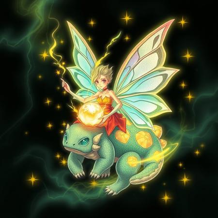 <lora:Florate Flux_v2_epoch_3:0.9> fl0rate. electrified. Cuban fairy holding a magic bulbasaur, yellow sparks, with many striated angular pale shapes. <lora:midjourney_whisper_chromaplex_v1:0.8> <lora:Marquetry_v1_e8:0.8>
