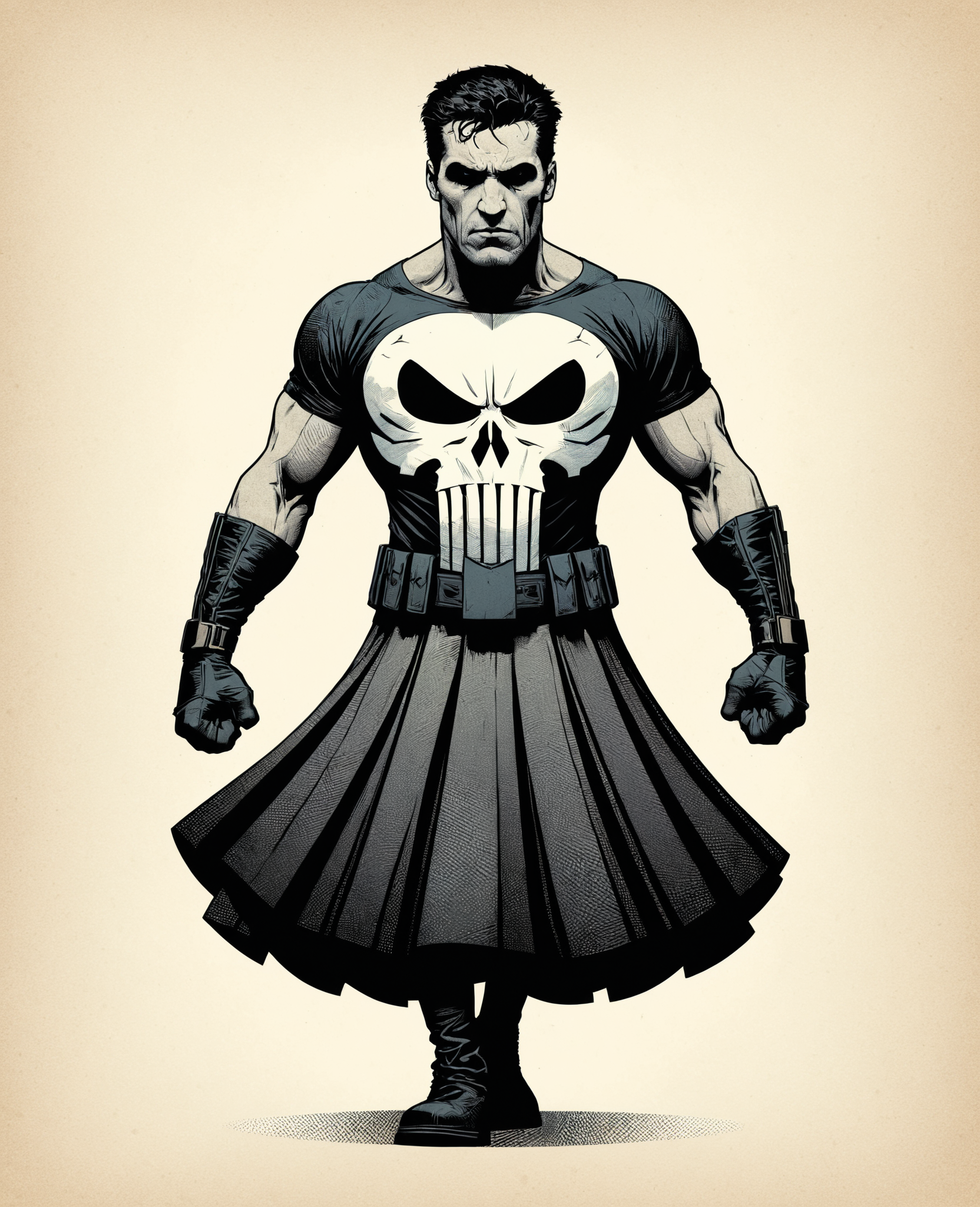 The Punisher , superhero , Marvel Comics, 
vector, illustration, flat shading, grainy texture, grain
Minimalist vector graphic style illustration,beautiful and dreamy,inspired by Tim Burton's cartoon,
man with dance skirt 'tutu', dress
<lora:grainy-v1:0.7>