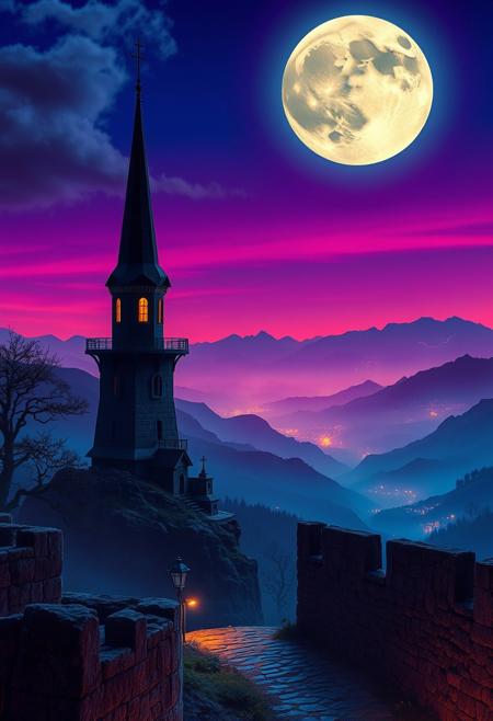 Cinematic fantasy landscape, vibrant complementary colors. Moonlit watchtower, black spire silhouetted against a massive full moon. Glowing fog, distant Parrish-style lit mountains. Dramatic shadows on ancient stone walls.