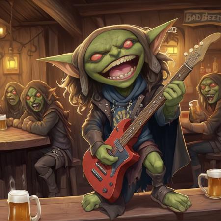 A cute male path_goblin bard, big eyes, wearing a  hoodie cloak,a heavy metal rock bad t-shirt, long wavy hair, singing on a tavern while playing an electric guitar, mugs of beer at his feet,<lora:Path_goblin:1>