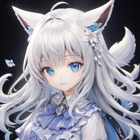 masterpiece, best quality,official art, extremelydetailed cg 8k wallpaper,(flying petals)(detailed ice), crystalstexture skin, coldexpression, ((fox ears)),white hair, longhair, messy hair, blue eye,looking at viewer,extremely delicate andbeautiful, water, ((beautydetailed eye)), highlydetailed, cinematiclighting, ((beautiful face),fine water surface, (originalfigure painting), ultra-detailed, incrediblydetailed, (an extremelydelicate and beautiful),beautiful detailed eyes,(best quality),mooooko, <lora:momoko_new:0.7>