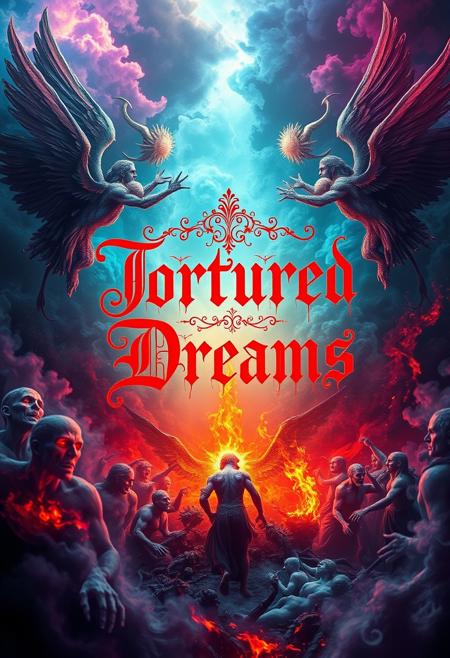 A vivid color digital art piece with unearthed glow and subsurface scattering of neon colors,  depicting the dreams of a schizophrenic, chaotic,  surreal image, featuring angels and demons fighting over lost souls, etheral mist and smoke, brimstone and fire,  and the overall feeling of parinoia,written above the main focus of the image blood red elegant filigree and calligraphy lettering are the words "Tortured Dreams"