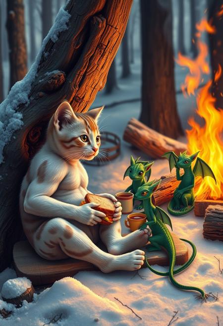a muscular kitten with visible veins sitting nearby fallen tree next to  a  big campfire and  eating a sandwich with cheese  and holding a cup of tea, sitting with a group of little green dragons with dark green wings , with details, snow, snowy, winter forest, vivid colors, details seen under an electron scanning microscope