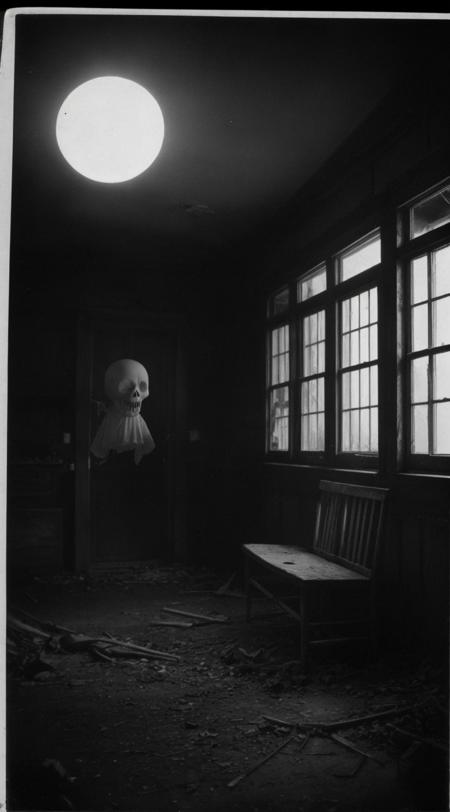 An antique, black-and-white photo, slightly blurred, showing a angry macabre ghost, full-bodied, haunting a spooky derelict house in a nighttime forest. <lora:Aether_Cloud_v1:1.5>