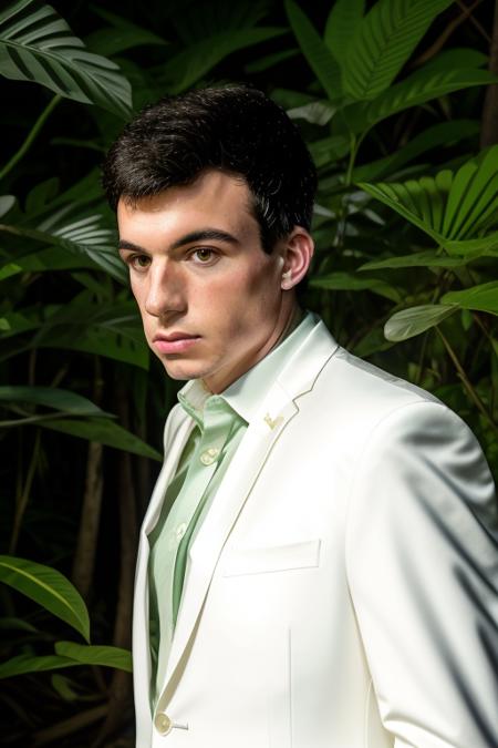 raw photo of a young man, close up, in a stunning oversized white suit, baggy white suit, (confused), in a jungle paradise, 8k uhd, fujifilm xt3