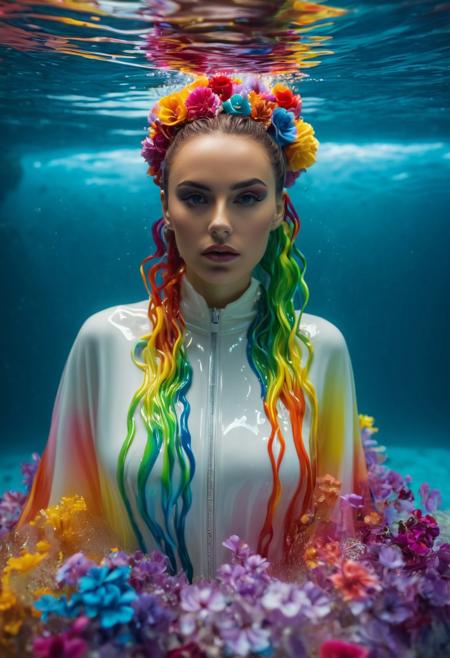 Movie Still, Film Still, Cinematic, Cinematic Shot, Cinematic Lighting. (Full body image). (underwater shoot). (The liquid sculpture image) features a [Russian:Spanish:German] woman with a colorful liquid hairstyle, resembling a rainbow. She is wearing a white liquid sculpture latex floral cloak, which is melting. The woman's hair is arranged in a way that it appears to be a part of the colorful melting liquid floral background, creating a visually striking scene. Bokeh. (Sedative look). sharp eye brows