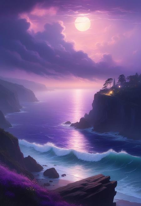 close view on open ocean from cliffisde, evening, slight fog, water, (clouds), very busy sky, storm, dim fog, atmospheric, (purple glow), romantic impressionism, absurdres, scenery art, matte painting, romantic, beautiful digital painting, anime landscape, romantic painting, paintlike, dreamy,
 (8k uhd:1,4)