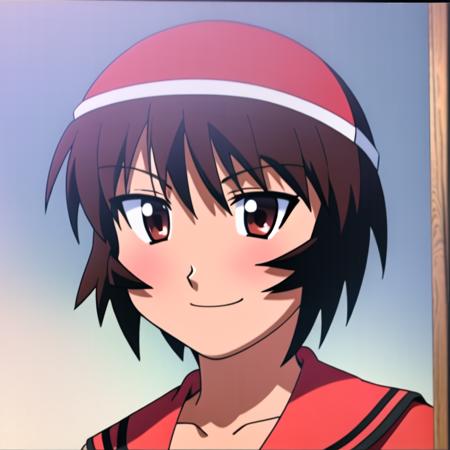 <lora:KaguraLoRA:1>, 1girl, solo, (portrait) kagura, brown hair, short hair, brown eyes, dark skin, looking at viewer, smile, school uniform, serafuku, (red shirt), red skirt, white background