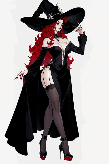 Gothic style, dark series, character standing painting, 1 girl, witch hat, hat, long hair, witch, red hair, dress, solo, white background, thighs, simple background, breasts, black dress, black headdress, high heels, standing, very long hair, full body, single thigh, black footwear, nails, looking at the audience, animals, bare shoulders, jewelry, red nails,<lora:GETE:0.8>,