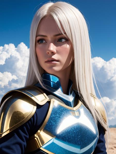 a photography, HD,, photo, woman,realistic, princess warrior, body armor gold, hair white,  couple, dramatic lighting, blue sparkle, 8k, hyperrealistic,  <lora:hoshino yumemi:1>