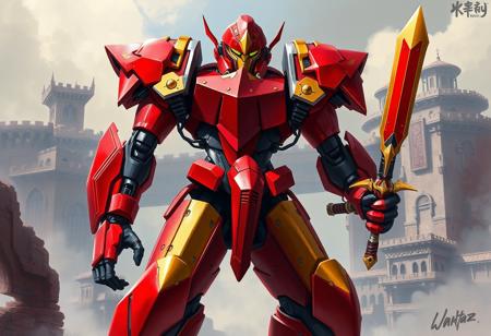 A masterful fantasy illustration of a Gem-Knight Quartz robot, a striking figure in red and gold with bold black and silver accents, standing in a proud, heroic stance. Its vibrant red head with a gold visor gleams, slightly tilted, hinting at curiosity. The robust body, a blend of red and gold with black and silver details, is depicted with an exceptional quality of handcrafted precision, showcasing super detailed armor plates and intricate mechanical aesthetic. The arms and legs, matching in design, are ready for action, with a red, gold, black, and silver sword firmly gripped in its right hand, emphasizing a sense of readiness and alertness in a well-timed moment. The background is a dramatic and ancient Fortress Whale's Oath, rendered as a sprawling, beautiful matte painting with sharp lines and expressive brush strokes, conveying a powerful message. The composition adheres to the Golden Ratio, utilizing a creative angle and attractive background to enhance the robot's majestic presence. Stunning multi-colored palette and harmonious colors create a captivating lighting. Style reminiscent of CGSociety concept art, with elements of Splash Ink Illustration for dynamic effects around the robot, showcasing vivid emotions and a joyful impact. Trending on ArtstationHQ.