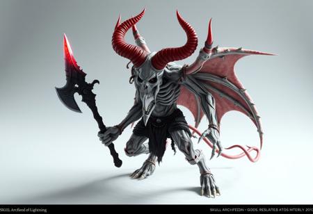 Create a highly detailed, hyper-realistic 3D model of a Skull Archfiend of Lightning demon, inspired by the minotaur from Path of Exile and the stylistic influences of American Gods and Reaper Minis. The demon should have chalk white skin, red horns, and be holding an axe. The desired style should be a mix of medieval and dark fantasy, with vibrant colors and dynamic lighting. The model should be rendered in high definition (4K) with a 50mm lens, featuring cinematic lighting, rim light, and realistic water and saturated cloud effects. The background should be a white or light-colored surface with subtle shadows. Please use a golden ratio composition and ensure that the model is posed in a dramatic, dynamic way. Incorporate micro details and lifelike textures to create a highly realistic and immersive scene.