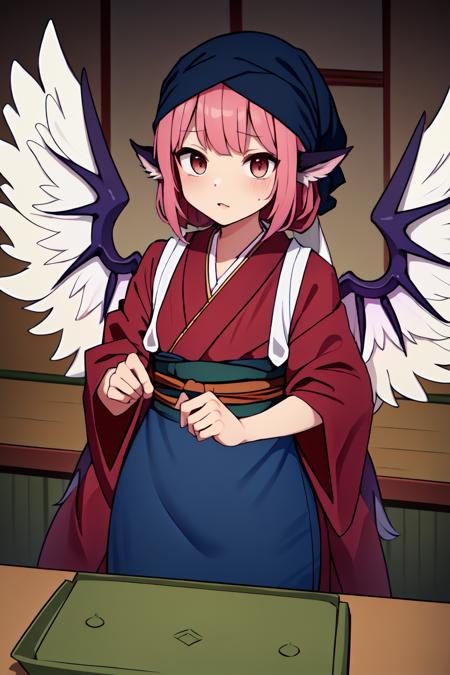 (animal_ears:1.2), (sash code:1.3), (white_tasuki wings:1.2), (okamisty:1.5), (mystia lorelei:1.2), lips, (maroon_kimono:1.4),  (dark blue headscarf:1.5), (indigo blue_apron:1.2), (pink hair:1.2), <lora:oka_mysty2:0.5>