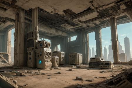 (RAW photo, best quality, science fiction, photo realistic:1.2), (intricate details, dystopian retro-futuristic computer in ruins, highly detailed, 8k, Natural light, POV (point of view)