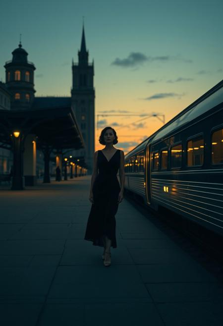A woman in 1930s evening wear stands alone,, beside a streamlined train at a deserted station under a twilight sky., precisionism, art deco elegance, cinematic stillness, vintage travel aesthetic, stylized architecture, nocturnal lighting, nostalgic glamour, twilight tones, narrative realism, crisp geometry, surreal calm, shadow play, 1930s fashion, moody urban landscape, atmospheric storytelling, luxurious yet minimal composition, romantic isolation, muted color palette, deco futurism, refined minimalism