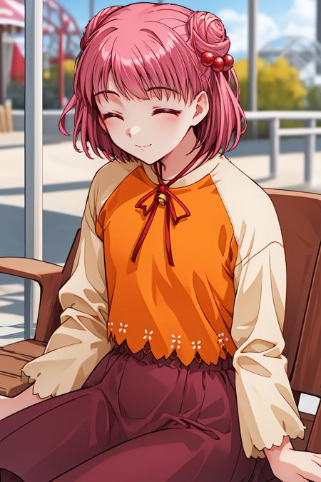 1girl, amusement park, cowboy shot, (closed eyes smile:1.3), sitting, 
ever17_coco, red eyes, pink hair, short hair, bangs, double bun, hair bun, hair bobbles, hair ornament, neck ribbon, bell, shirt, long sleeves, red skirt, flat chest, <lora:ever17_coco_lora_ver1:0.8>, best quality, masterpiece, highres, <lora:GoodHands-vanilla:1>