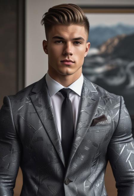 a strong 22-year-old american hunk bodybuilder male, with a fringe up undercut hairstyle, detailed face, mindless expression,  wearing a skin tight dark-gray suit with silver patterns, wearing pants,  on a modern living room, standing at attention pose, looking at viewer, portrait, photography, detailed skin, realistic, photo-realistic, 8k, highly detailed, full length frame, High detail RAW color art, diffused soft lighting, shallow depth of field, sharp focus, hyperrealism, cinematic lighting