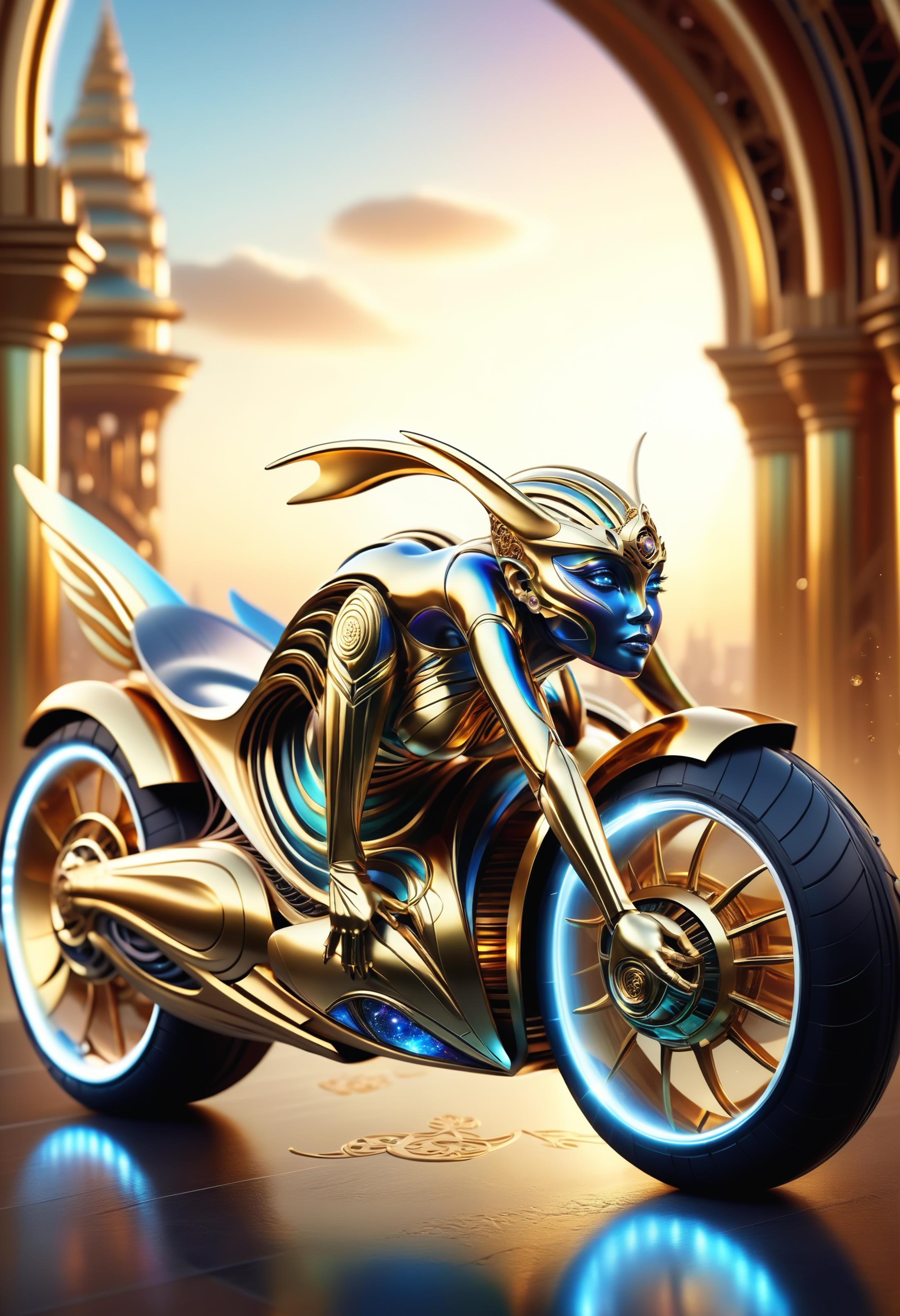 A Gold and Blue Motorcycle with a Woman Rider in a Fantasy Setting