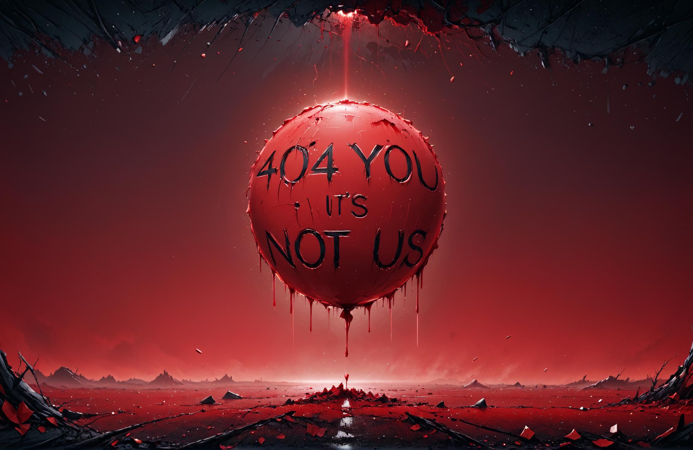 A red, bloody sphere with the words "404 It's Not Us" written on it.