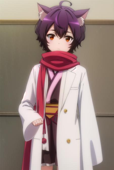 origacalmeria, <lora:origa calmeria s2-lora-nochekaiser:1>,
origa calmeria, short hair, purple hair, animal ears, (brown eyes:1.5), ahoge, cat ears, cat girl,
BREAK tail, japanese clothes, scarf, cat tail, sleeves past wrists, sleeves past fingers, labcoat, bandaged leg,
BREAK indoors,
BREAK looking at viewer, (cowboy shot:1.5),
BREAK <lyco:GoodHands-beta2:1>, (masterpiece:1.2), best quality, high resolution, unity 8k wallpaper, (illustration:0.8), (beautiful detailed eyes:1.6), extremely detailed face, perfect lighting, extremely detailed CG, (perfect hands, perfect anatomy),