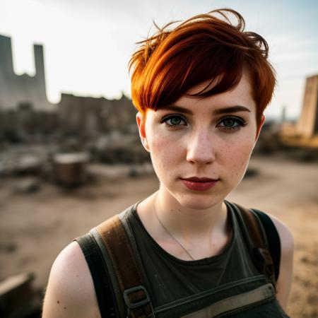 RAW photo, a close up portrait photo of 30 y.o woman in wastelander clothes, redhair, short haircut, pale skin, slim body, background is city ruins, (high detailed skin:1.2), 8k uhd, dslr, soft lighting, high quality, film grain, Fujifilm XT3