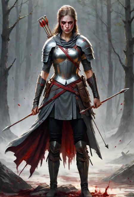Create an image of a young female warrior who appears battle-hardened. She should be shown with a wound from an arrow, indicating that she is mortally wounded. She has a sword covered in blood, with a grey cloak covering her face. She deposes her, giving her a drink. One hand strokes her lower back, while the other hand strokes her lower back, with great speed and vigor, dynamic lighting, cinematic, establishing shot, extremely high detail, photo realistic, cinematic lighting, pen and ink, intricate line drawings, by Yoshitaka Amano, Ruan Jia, Kentaro Miura, Artgerm, post processed, concept art, artstation, matte painting, style by eddie mendoza, raphael lacoste, alex ross