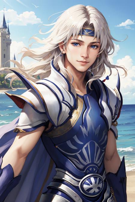 masterpiece, best quality,<lora:ff4cecil-nvwls-v1-000009:0.9> ff4cecil, headband, cape, white armor, upper body, smile, sky, ocean, castle