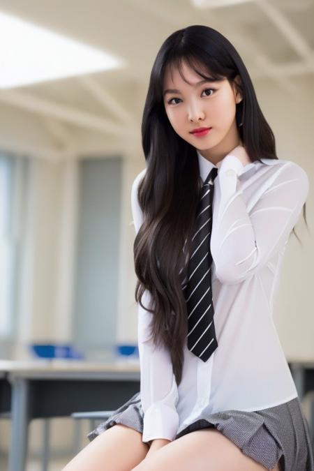 <lora:TwiceNayeon:1>,nayeon,RAW,(8k, best quality, masterpiece:1.2),(full body shot:1.5),octane render,extremely detailed CG unity 8k wallpaper, rim ligh,in classroom,sunlight,(a girl is wearing school uniform:1.5),hyper realistic detail shiny skin,ultra detailed,(ultra realistic:1.5),(looking at viewer:1.2),(intricate:1.2),(photorealistic:1.4),chair,desk,1girl,(skinny:1.3),(black hair:1.5)