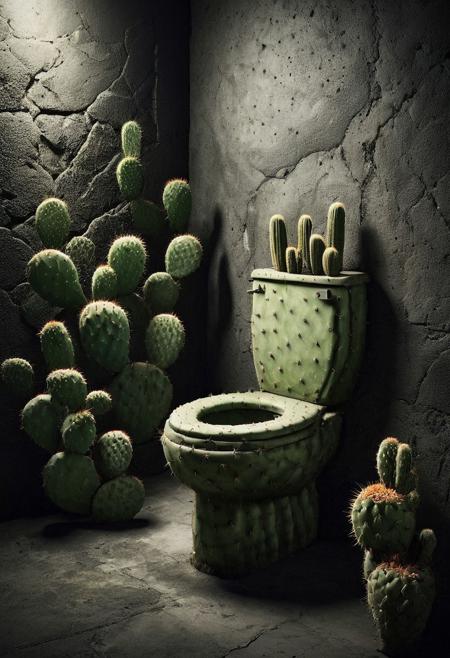 Product photo, A toilet made out cactus, in 
dungeon,
torchs,dark,shadow ,detailed, film grain,