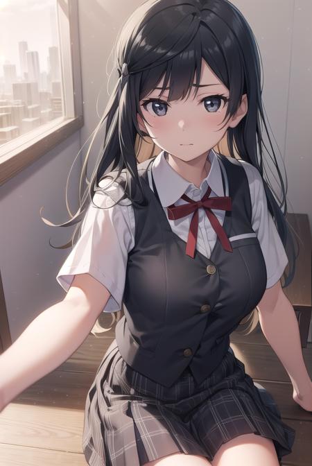 setsunayuuki, <lora:setsunayuuki-lora-nochekaiser:1>, 
setsuna yuuki, (black eyes:1.5), black hair, long hair, one side up, (medium breast:1.2), 
BREAK armband, blue vest, buttons, collared shirt, dress shirt, grey skirt, neck ribbon, nijigasaki academy school uniform, plaid, plaid skirt, pleated skirt, red ribbon, ribbon, school uniform, shirt, short sleeves, skirt, summer uniform, vest, white shirt,
BREAK looking at viewer, 
BREAK indoors, classroom, 
BREAK <lyco:GoodHands-beta2:1>, (masterpiece:1.2), best quality, high resolution, unity 8k wallpaper, (illustration:0.8), (beautiful detailed eyes:1.6), extremely detailed face, perfect lighting, extremely detailed CG, (perfect hands, perfect anatomy),