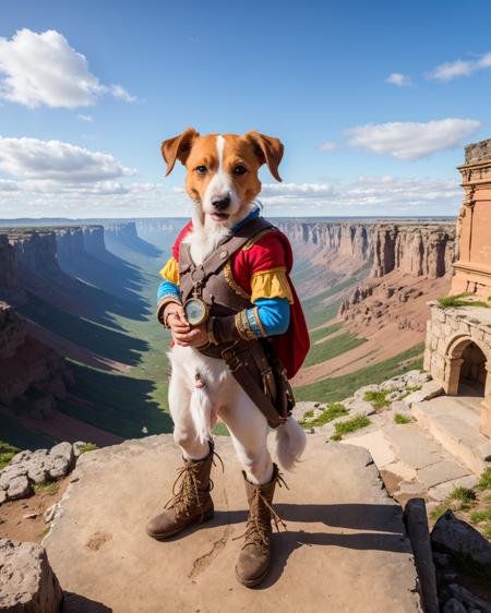 worlds most amazing fantasy character, anthro jack russell adventurer, award winning photograph by the world best landscape photographer, vivid fantasy colours, 8k, hi-res