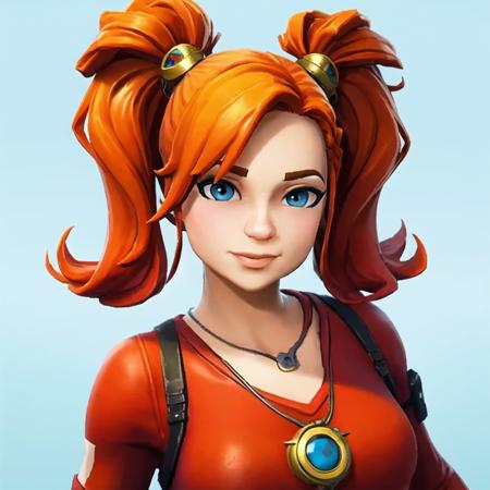 (masterpiece:1.2, best quality), FortniteStyle, 1girl, ((dark orange hair, light blue eyes)), female default outfit, twintails, ((red shirt)), dogtags, white background <lora:Fortnitestyle-000009:0.79>