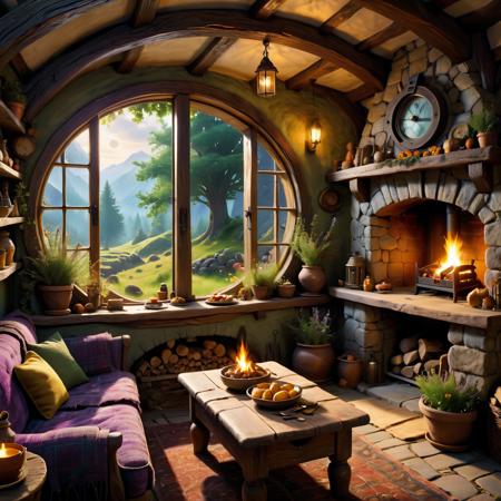 <Dreamyvibes artstyle SDXL - Trigger with dreamyvibes artstyle:1>,Round oak door, groaning open, warm swirl light and scent, hobbit hole, burrowed into hill, contented badger, low beamed ceilings, carved smooth polished wood, drying herbs, fragrant onions, fire crackle cobblestone hearth, dancing shadows rounded walls, smoke tickle edges plump armchairs, upholstered rich velvets, cushions sunken weight countless cozy evenings, sunlight stream circular window, illuminate table groaning weight feast fit for dragon's hoard, honey cakes piled high, glistening sticky glaze, nestle platters roasted mushrooms, plump sausages sizzling own fat, freshly baked bread, still warm oven, await slicing brimming jug blackberry wine, deep purple hues catching firelight, air vibrate gentle hum conversation, punctuated rhythmic clinking spoons pottery mugs, hobbits, furry feet tucked beneath table, exchange tales mischievous encounters trolls, whisper stories forgotten treasures hidden deep within Shire, laughter bubble up like froth mugs, chase away any hint chill air linger near stone walls, corner, tucked away nook like squirrel's den, old hobbit twinkling eyes strum lute, gentle melody weave through conversation, create tapestry sound and laughter, scent pipeweed smoke, fragrant sweet, mingle aroma honey and roasted potatoes, fill hobbit hole unmistakable comfort home, haven, carved into earth, time seem slow, worries melt away like butter on hot scone, world outside, worries and troubles, wait, inside hobbit hole, only warmth, laughter, simple joy shared stories meal enjoyed good company, sanctuary, refuge, place where hearts grow full, worries dwindle to wisps smoke in chimney, <add-detail-xl:1>