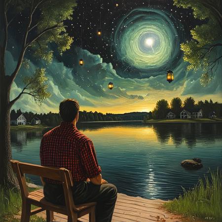 <lora:Rural_EldrichSDXL:1> Rural Eldrich, The image is a painting of a man sitting on a wooden bench by a lake. He is wearing a red and black checkered shirt and is looking up at the night sky. The sky is filled with stars and a large black hole in the center which appears to be a galaxy. The black hole is surrounded by a halo of light. On the left side of the image there is a tree with two lanterns hanging from its branches. The lake is calm and there are a few houses and trees in the background. The sun is setting in the distance casting a warm glow over the scene. The overall mood of the painting is peaceful and serene., tree, sky, cloud, 1boy, star (sky), night, outdoors, sitting, scenery, water