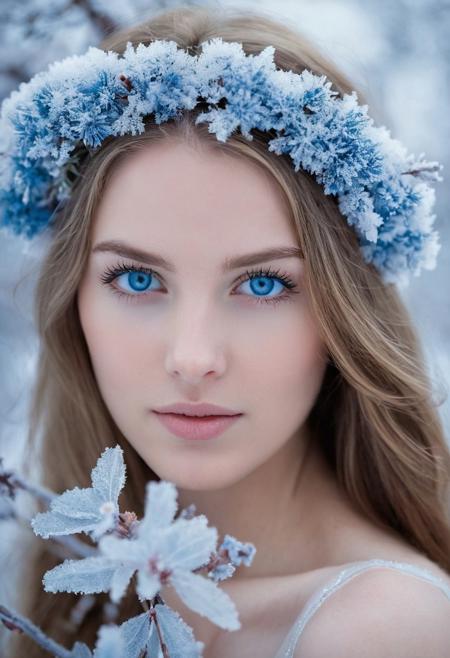In this tranquil portrait, 
a young woman's face is framed by soft, 
ethereal blossoms, 
accentuating her striking blue eyes and the gentle dusting of frost that mimics a winter's touch. The cold hues and the floral crown suggest a harmonious blend of the chill of winter and the promise of spring, 
capturing a moment of pure, 
untouched beauty in a natural, 
frosty environment.