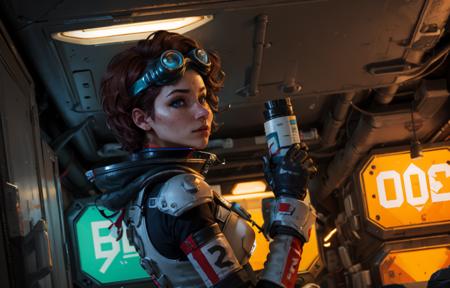 masterpiece,  best quality, 
(solo), 1girl, look sideways, dim light, 
Horizon_\(apex legends\), goggles, blue eyes, brown hair, gauntlets, shoulder armor,  headwear, 
science_fiction, outdoors, street, neon lights, cyberpunk,