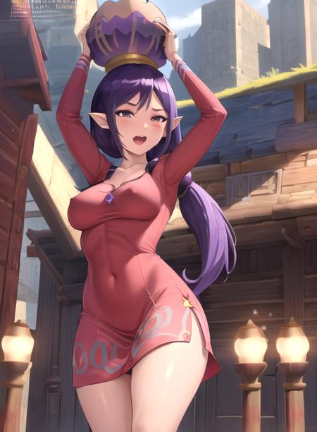 best quality, (masterpiece),(ultra-detailed), (high quality), (high resolution), <lora:sue-belle:0.7>,1girl, breasts, dress, english text, long hair, open mouth, pointy ears, purple hair, ring, smile, solo, sue-belle,red dress, ponytail,